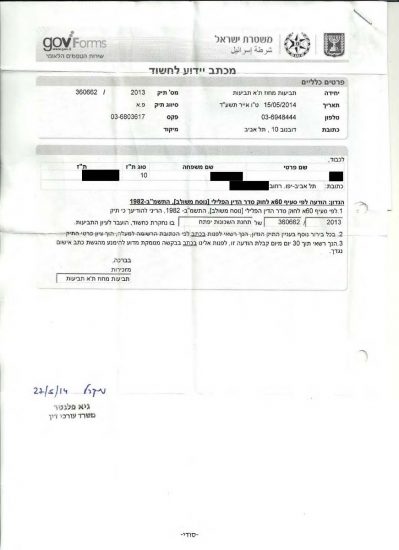 דוגמא למכתב יידוע לחשוד שנשלח מיחידת תביעות של משטרת ישראל 